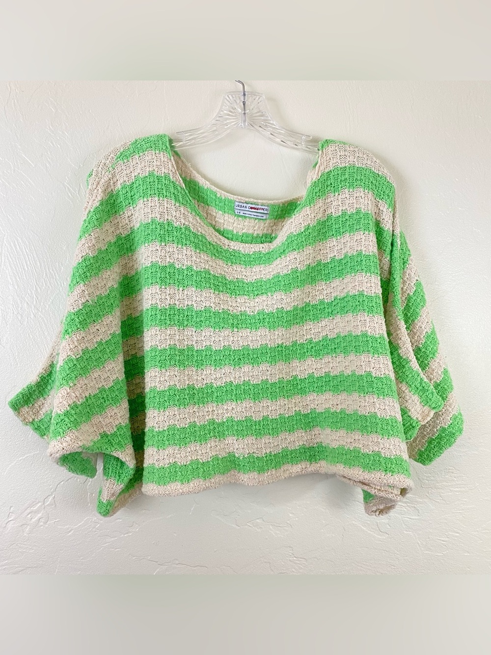 Urban Outfitters Size Large Lime Green & Cream Striped Short Sleeve Sweatshirt